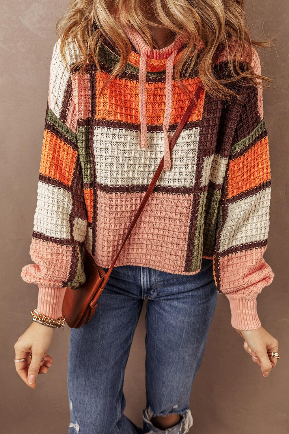 Orange Color Block Waffle Knit Drawstring Mock Neck Sweater - The Fair Lady Shop