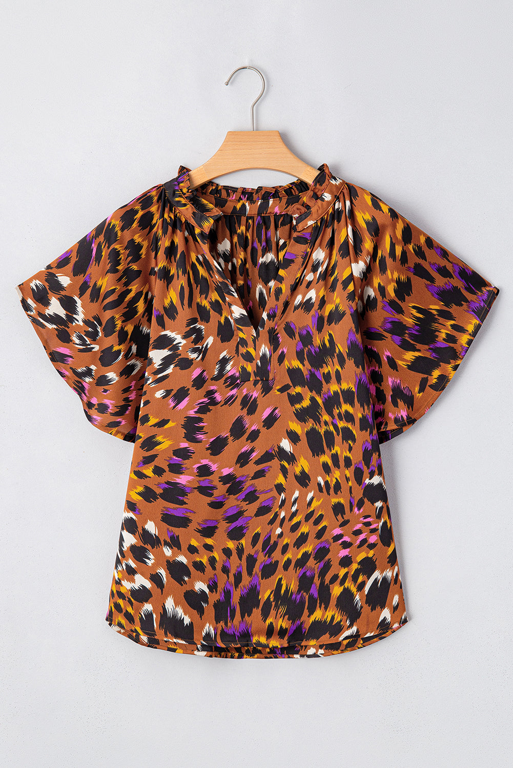 Orange Leopard Printed Short Sleeve Slit V Neck Blouse - The Fair Lady Shop
