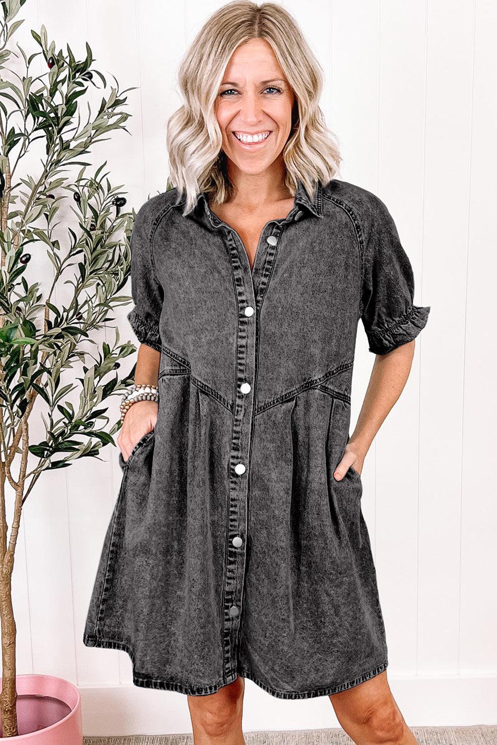 Blue Mineral Washed Ruffled Short Sleeve Pocketed Denim Dress - The Fair Lady Shop