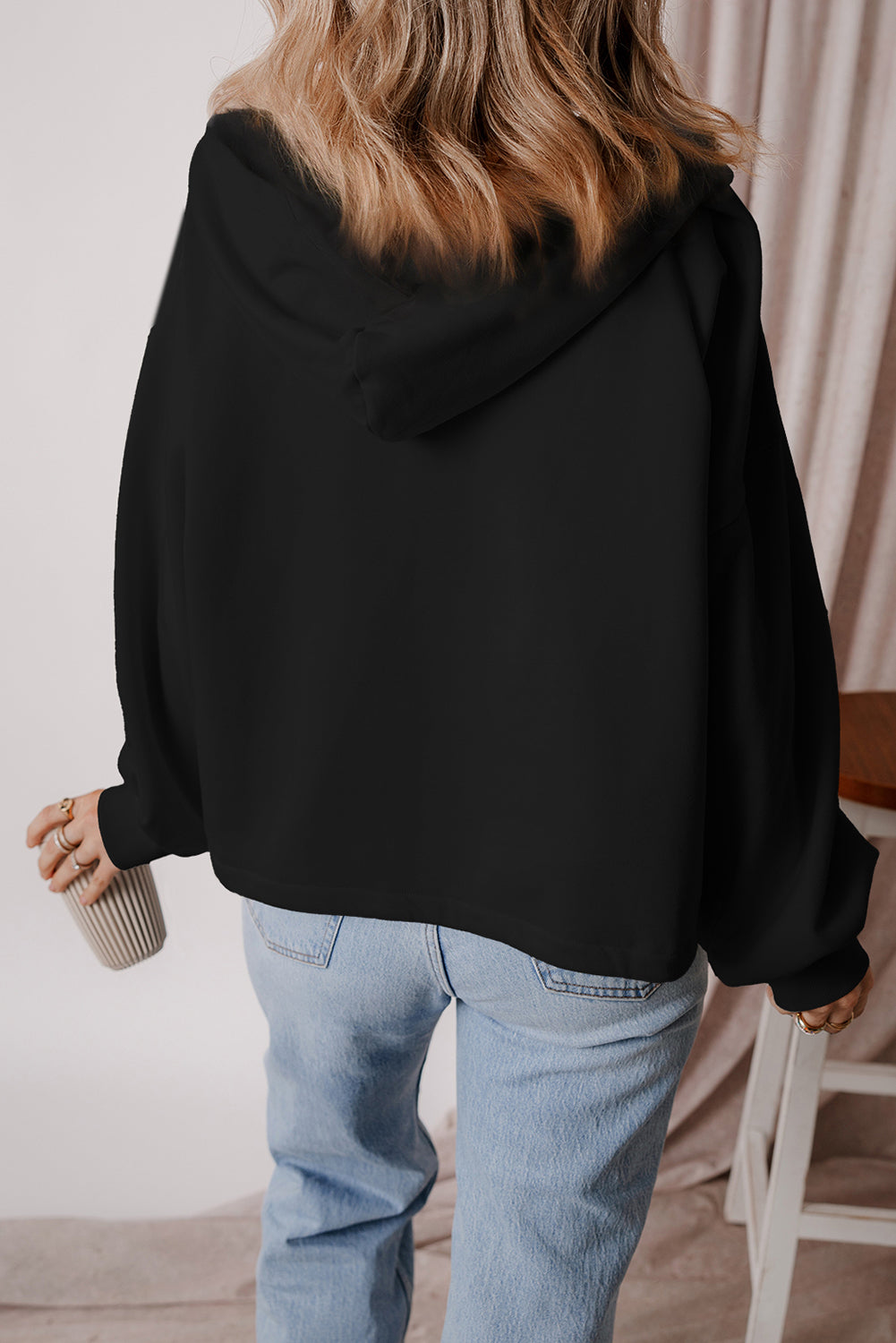 Black Half Zipper Kangaroo Pocket Drop Shoulder Hoodie