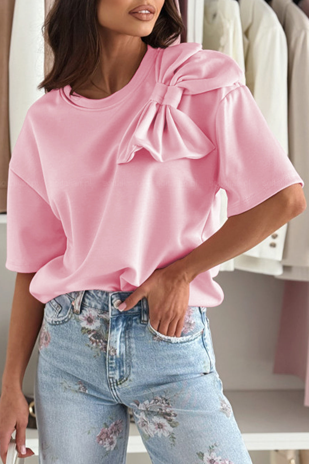Pink Bow Applique Solid Color Sweet T-shirt - The Fair Lady Shop