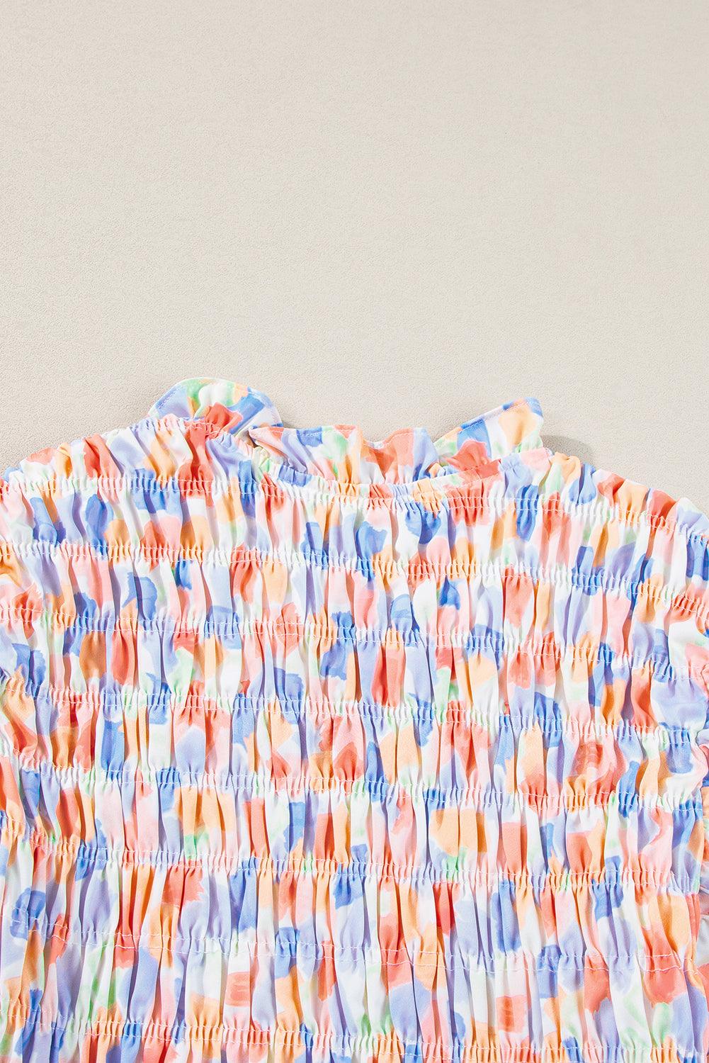 Pink Shirred Yoke Ruffle Abstract Blouse - The Fair Lady Shop