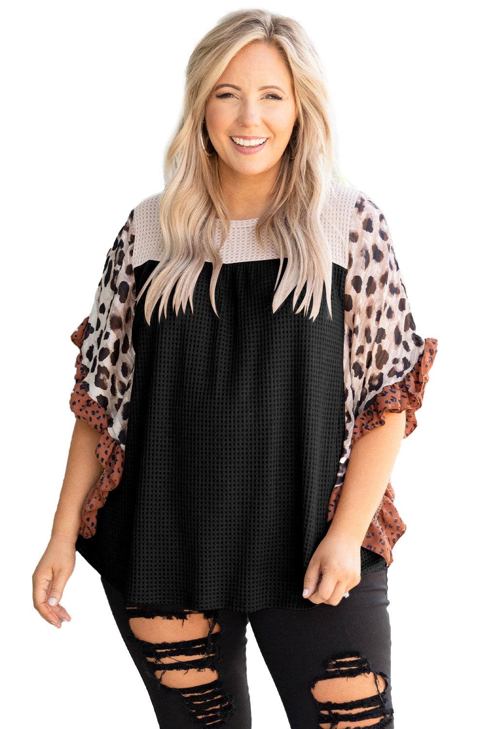 Black Rib Knit Animal Print Ruffle Sleeves Plus Size Top - The Fair Lady Shop