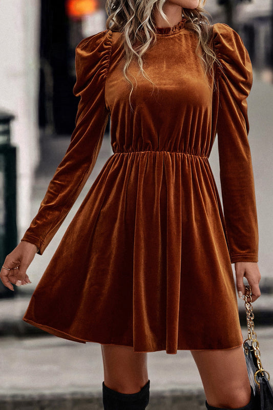 Chestnut Velvet Frilled Neck Gigot Sleeve Swing Dress - The Fair Lady Shop