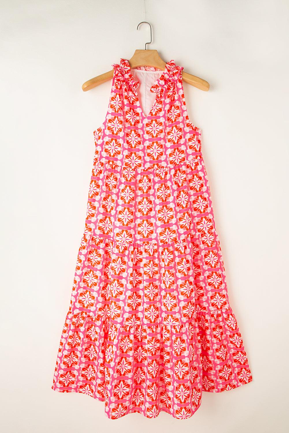 Sky Blue 60s Flower Split Neck Sleeveless Tiered Maxi Dress - The Fair Lady Shop