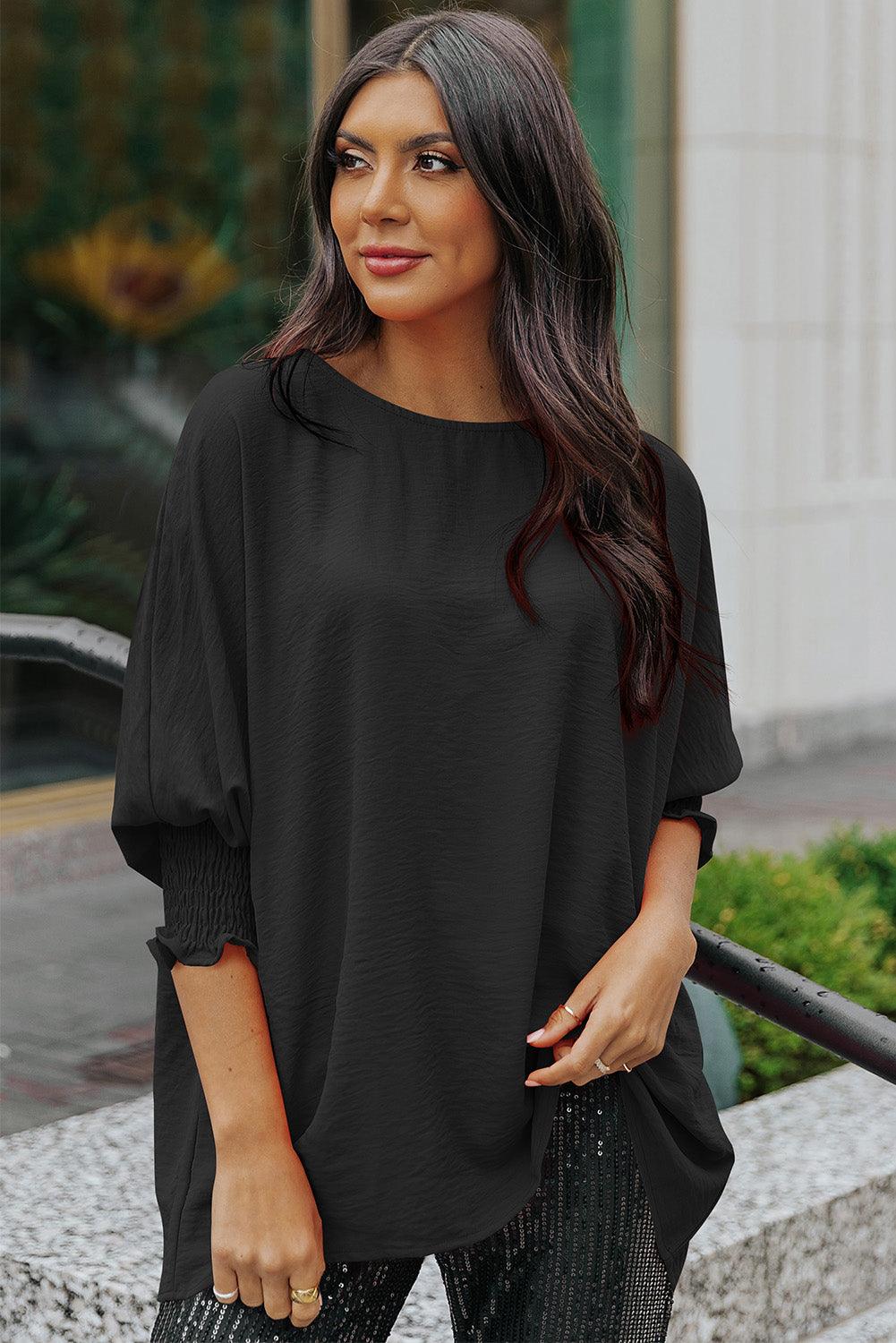 White Plain & Casual Shirred Cuffs Half Sleeve Top - The Fair Lady Shop