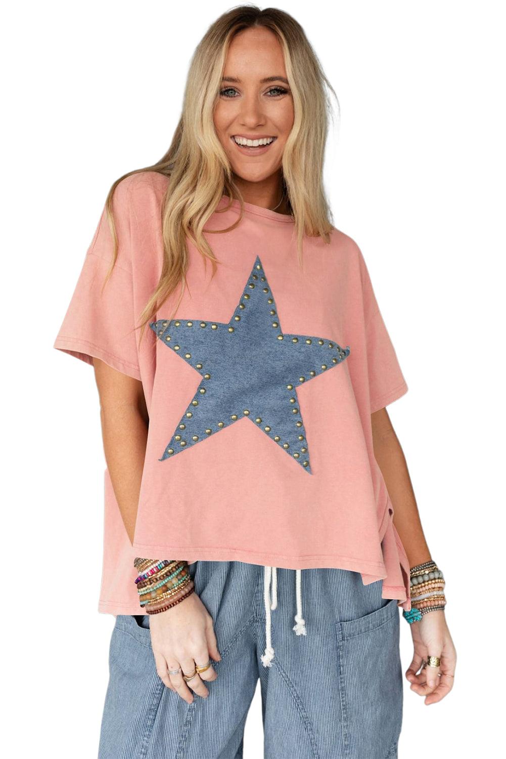 Apricot Pink Studded Star Patch Side Slits High Low Tee - The Fair Lady Shop