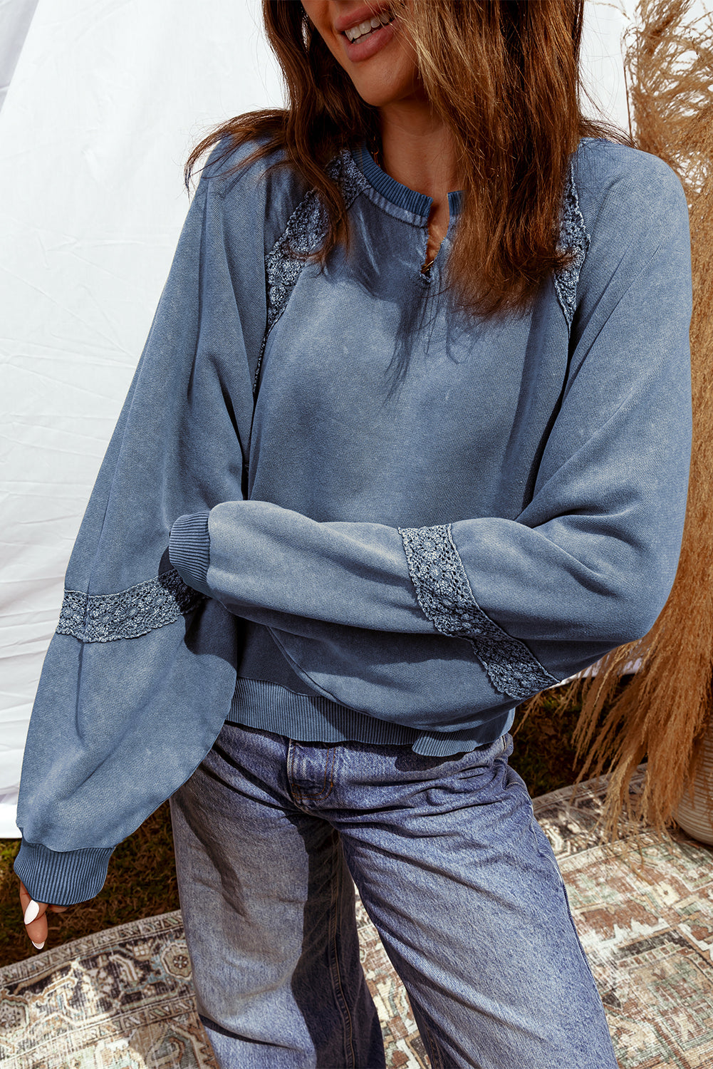 Sail Blue Lace Applique Notched Neck Mineral Wash Baggy Sweatshirt