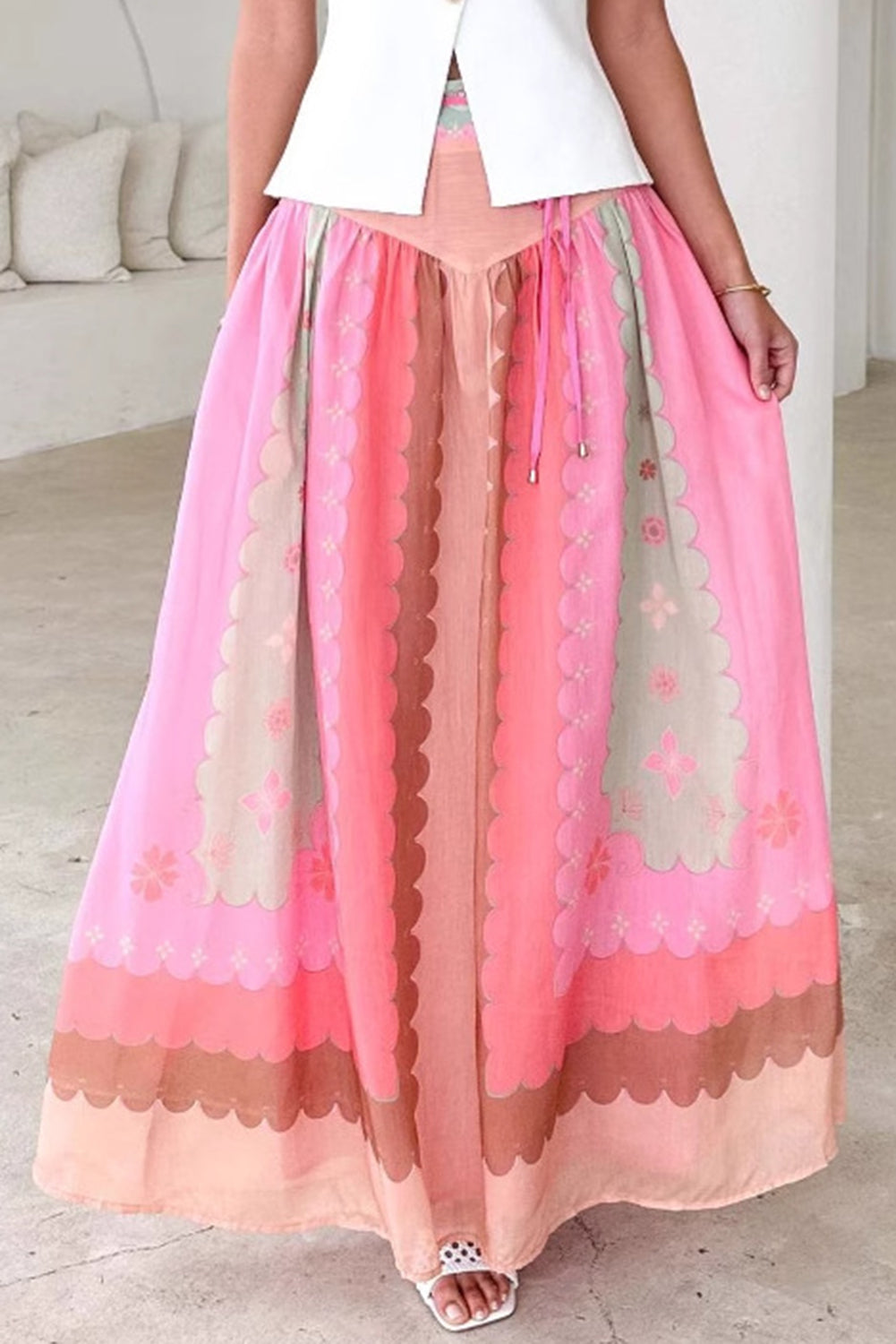 Pink Floral Colorblock Tie High Waist Maxi Skirt - The Fair Lady Shop