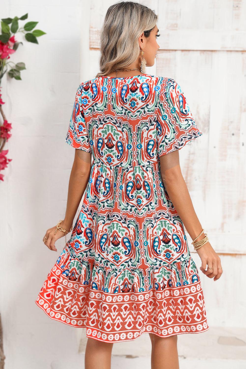 Orange Bohemian Tie Neck Flounce Sleeve Ruffle Hem Mini Dress - The Fair Lady Shop