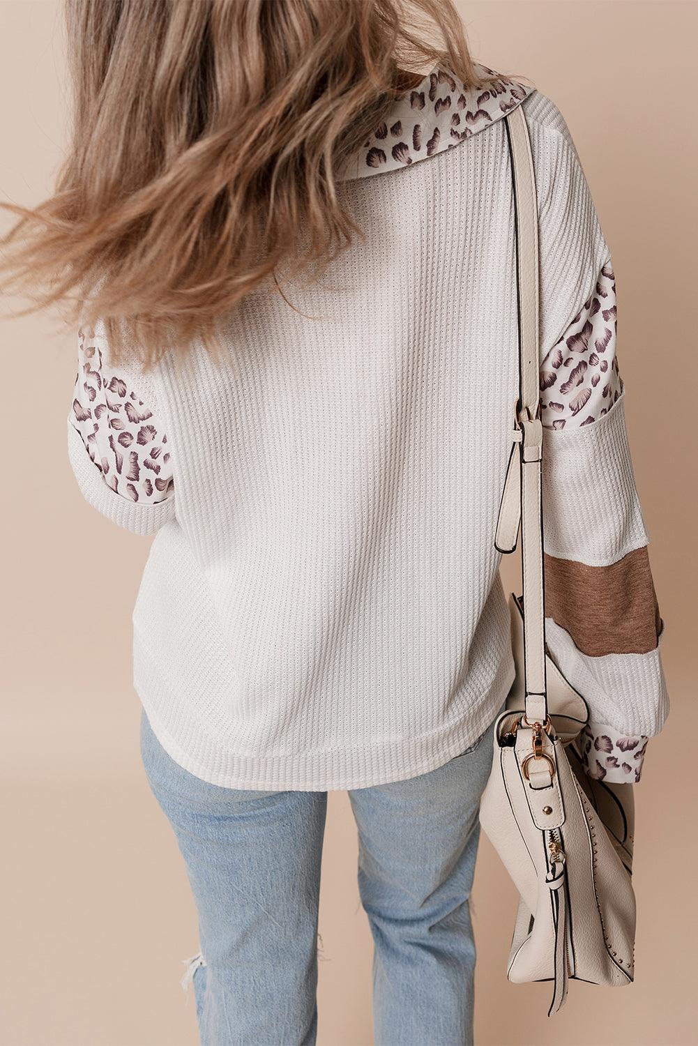 White Leopard Patchwork Turn-down Collar Waffle Top - The Fair Lady Shop
