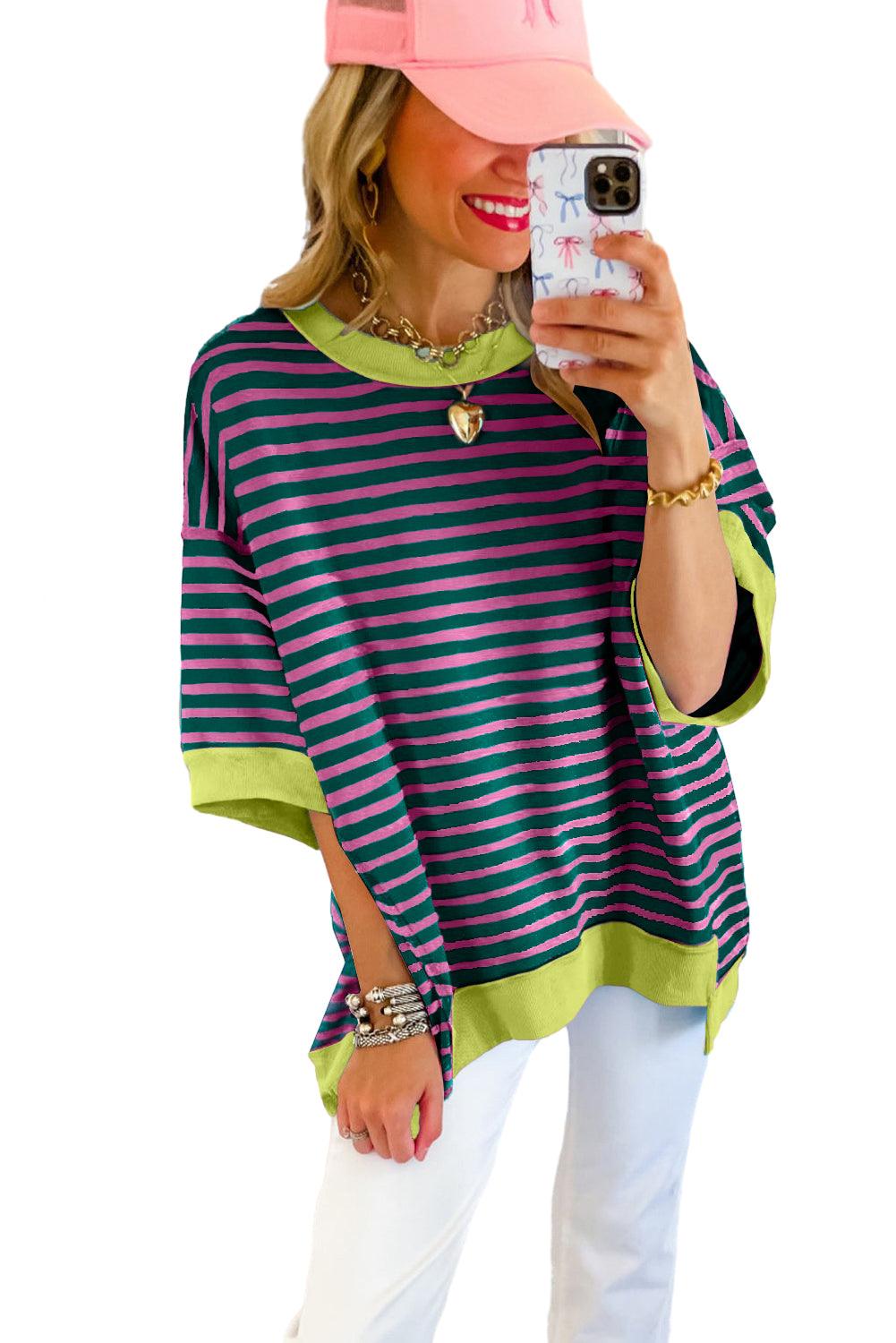 Pink Stripe Colorblock Drop Sleeve Oversized T Shirt - The Fair Lady Shop