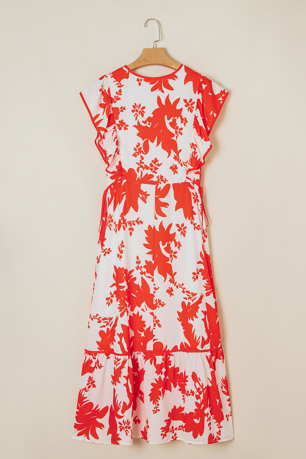 Red Floral Print Trimmed V Neck Ruffle Sleeve Maxi Dress - The Fair Lady Shop