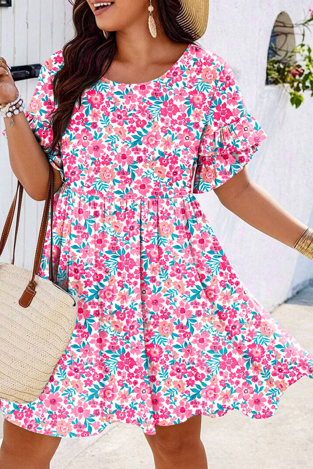 White Plus Size Floral Print Ruffle Short Sleeve Flare Dress - The Fair Lady Shop
