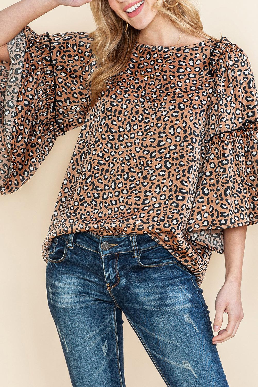 Chestnut Leopard Ruffle Flounce Sleeve Blouse - The Fair Lady Shop