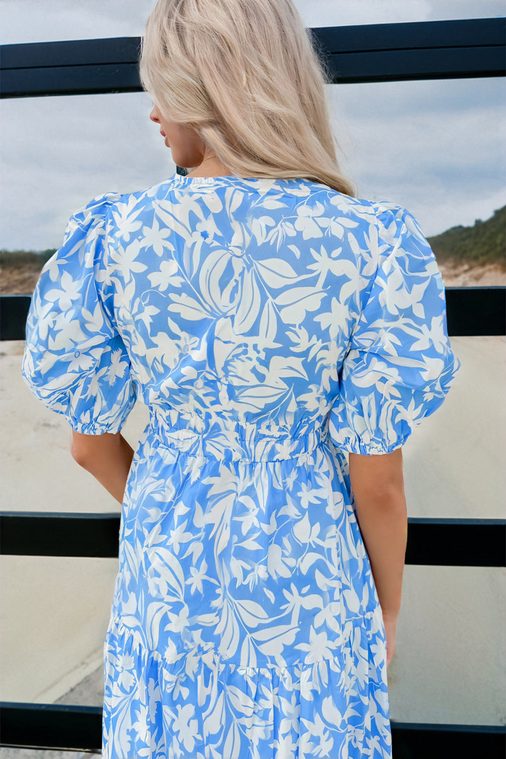 Sky Blue Floral Print Deep V Neck Puff Sleeve Flowy Dress - The Fair Lady Shop