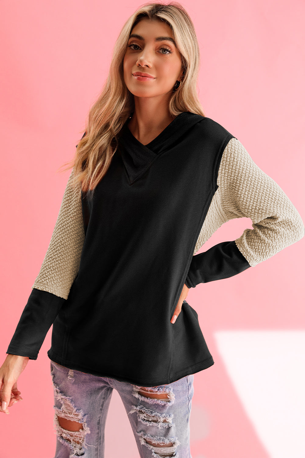 Black Textured Splicing Sleeve Raw Hem Hoodie - The Fair Lady Shop