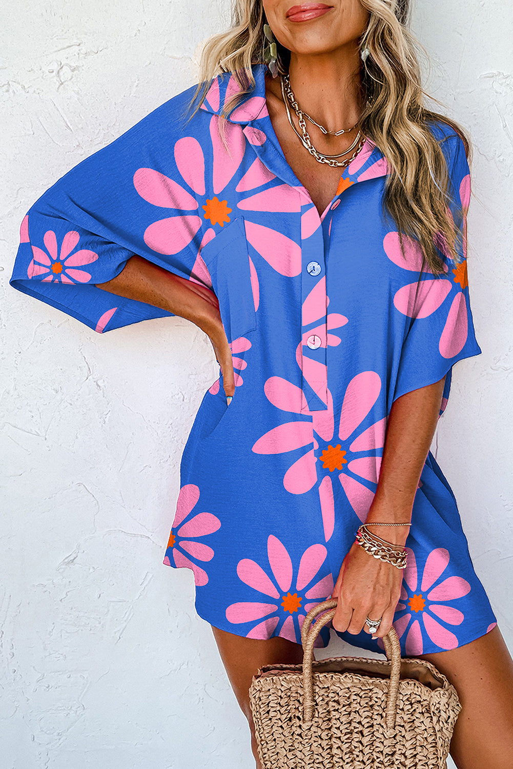 Blue Summer Flower Print Shirt Collar Loose Romper - The Fair Lady Shop