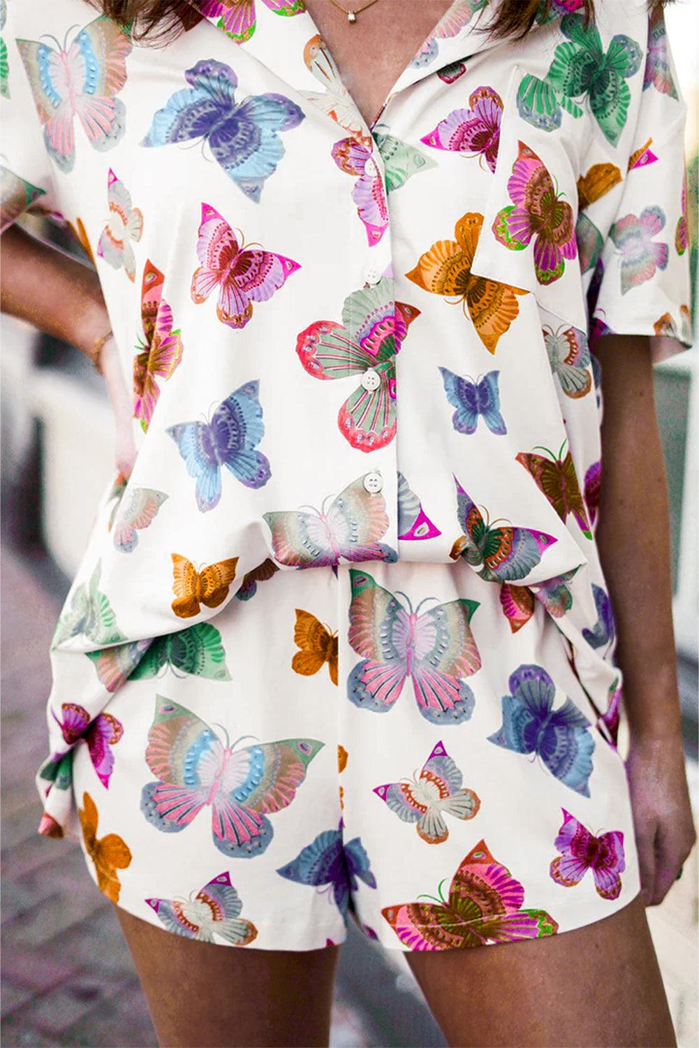 Multicolour Butterfly Print Button-up Shirt & Shorts Pajama Set - The Fair Lady Shop