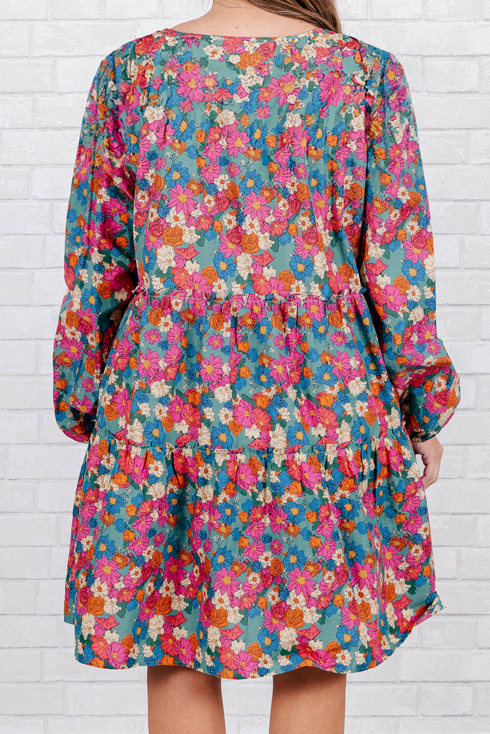 Sky Blue Floral Allover Print Shirred Plus Size Mini Dress - The Fair Lady Shop