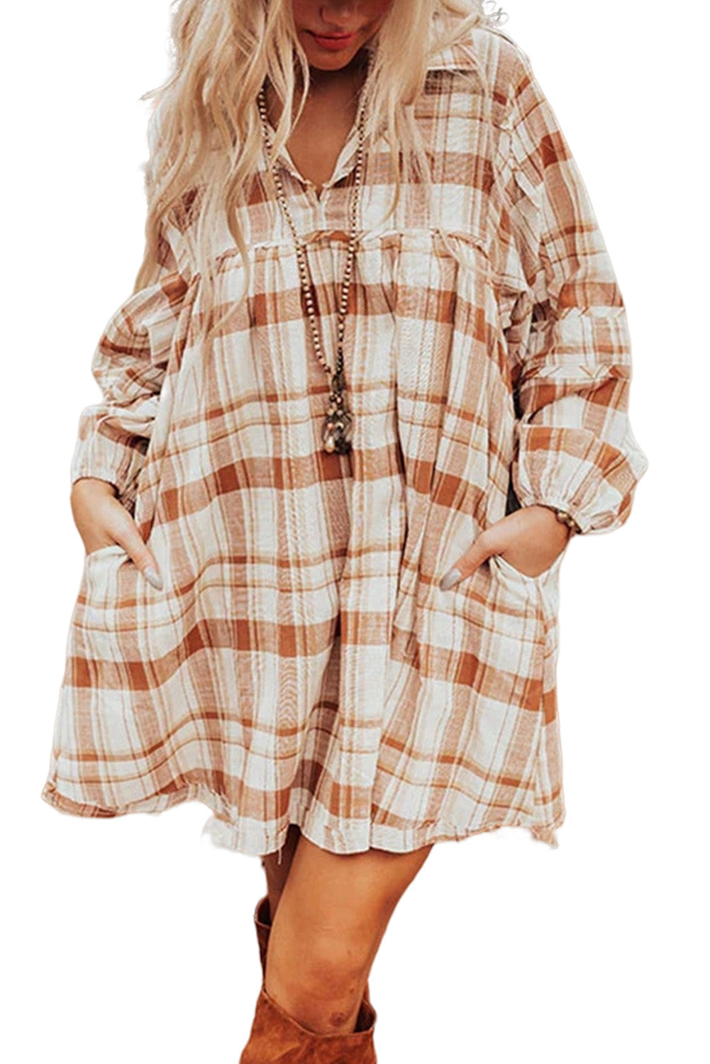 Brown Plaid Print Side Pockets Frill Babydoll Mini Dress - The Fair Lady Shop
