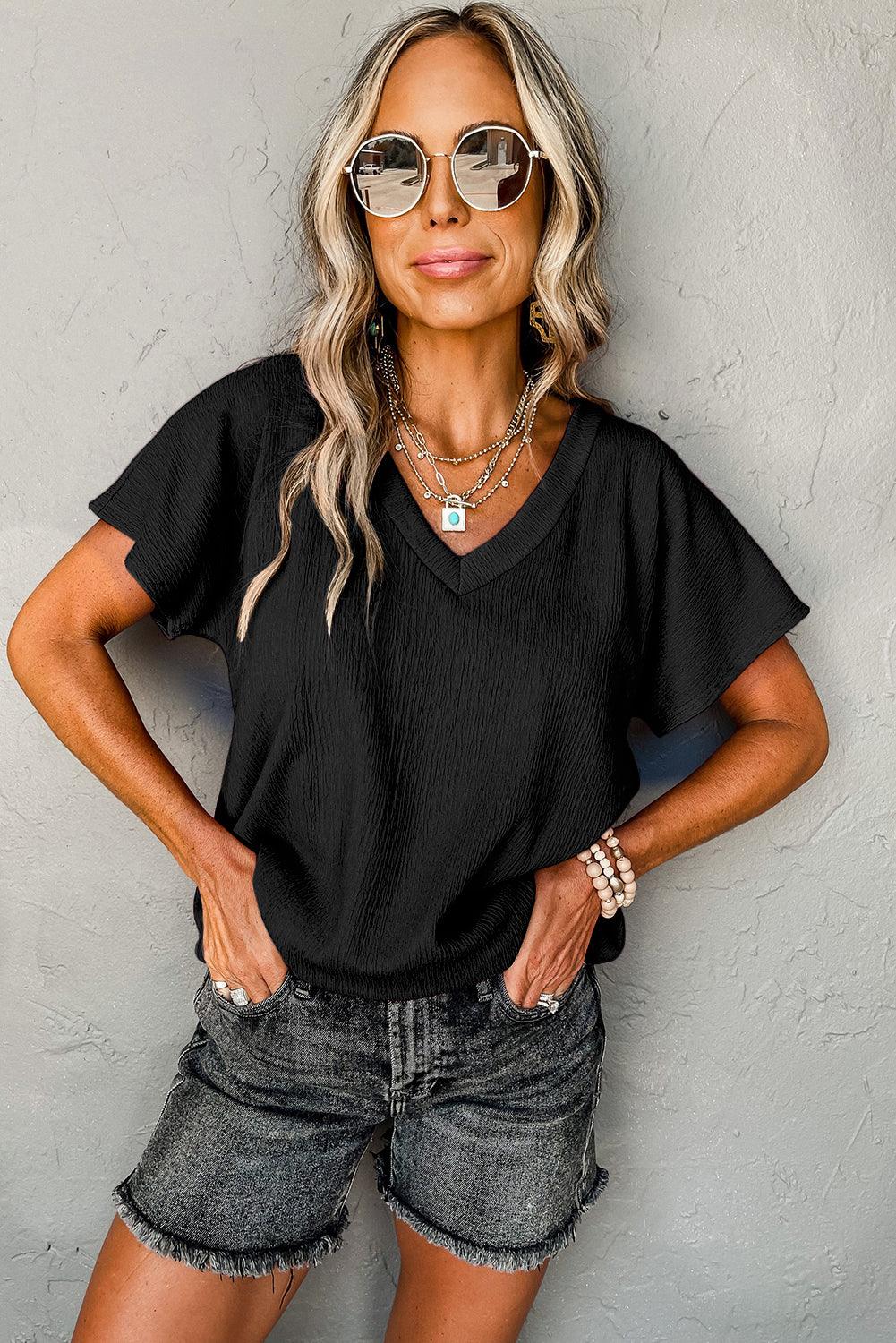 Blue Plain Crinkled V Neck Flounce Sleeve T Shirt - The Fair Lady Shop