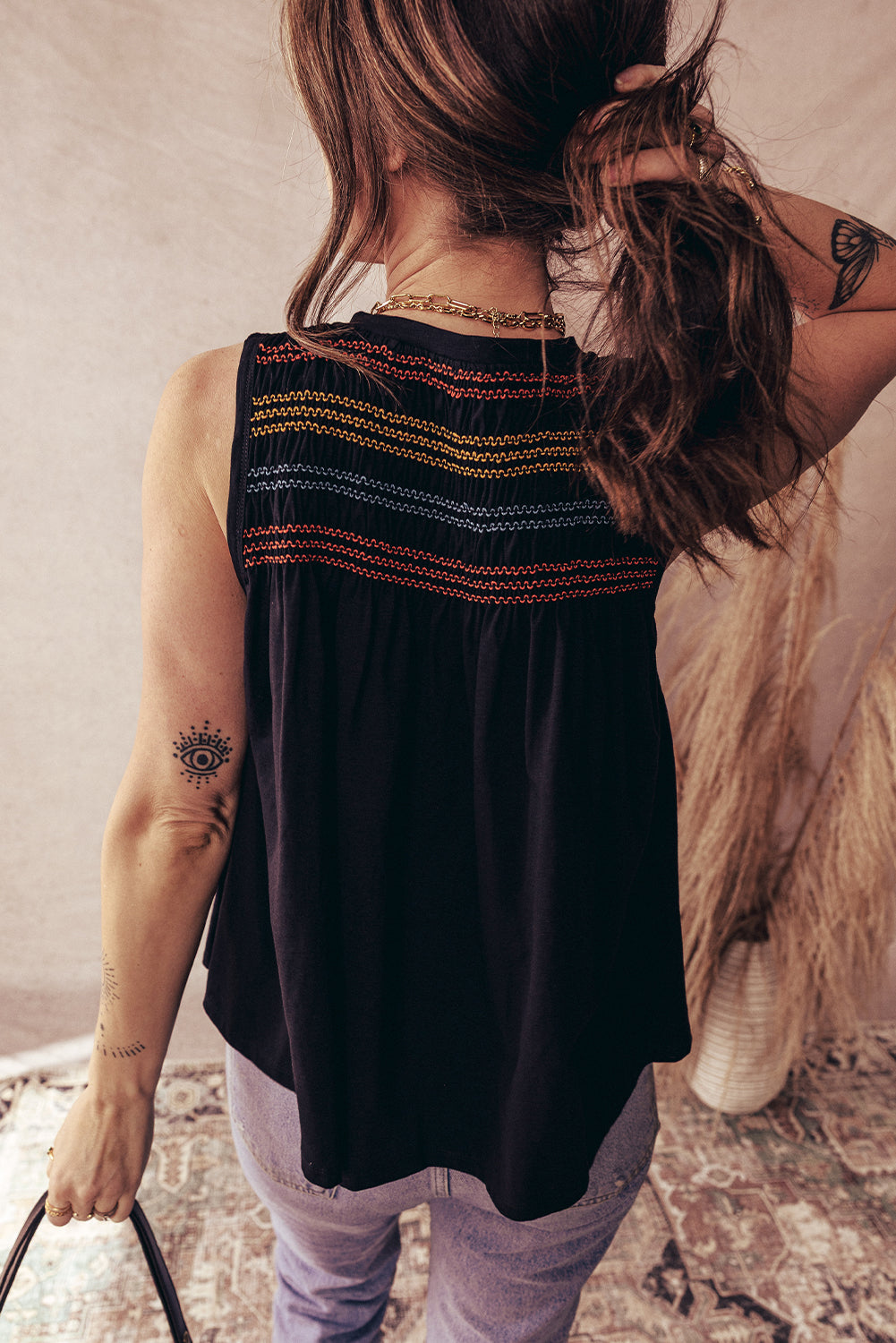 Black Shirred Yoke Notched V Neck Tank Top - The Fair Lady Shop