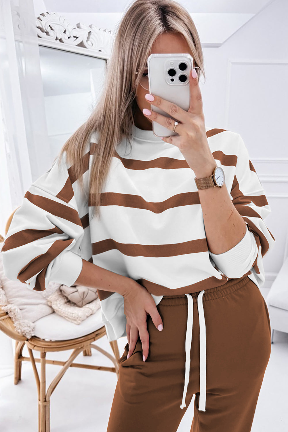 Brown Striped Drop Shoulder Pullover and Joggers Set - The Fair Lady Shop