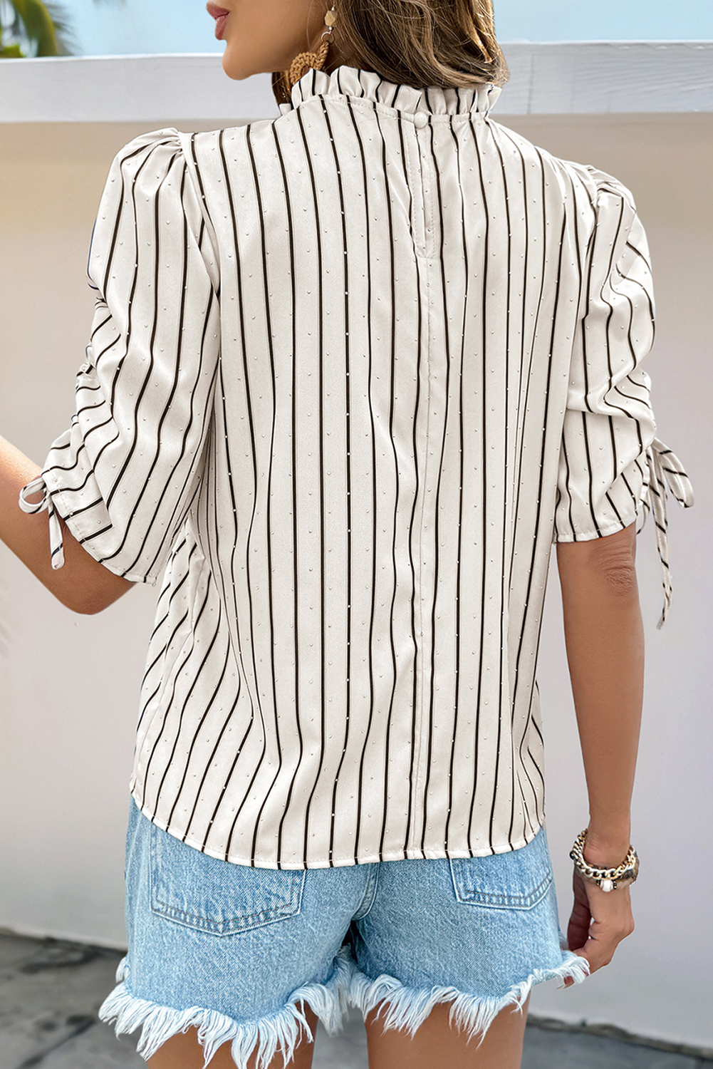 White Striped Drawstring Puff Sleeve Beaded Blouse - The Fair Lady Shop