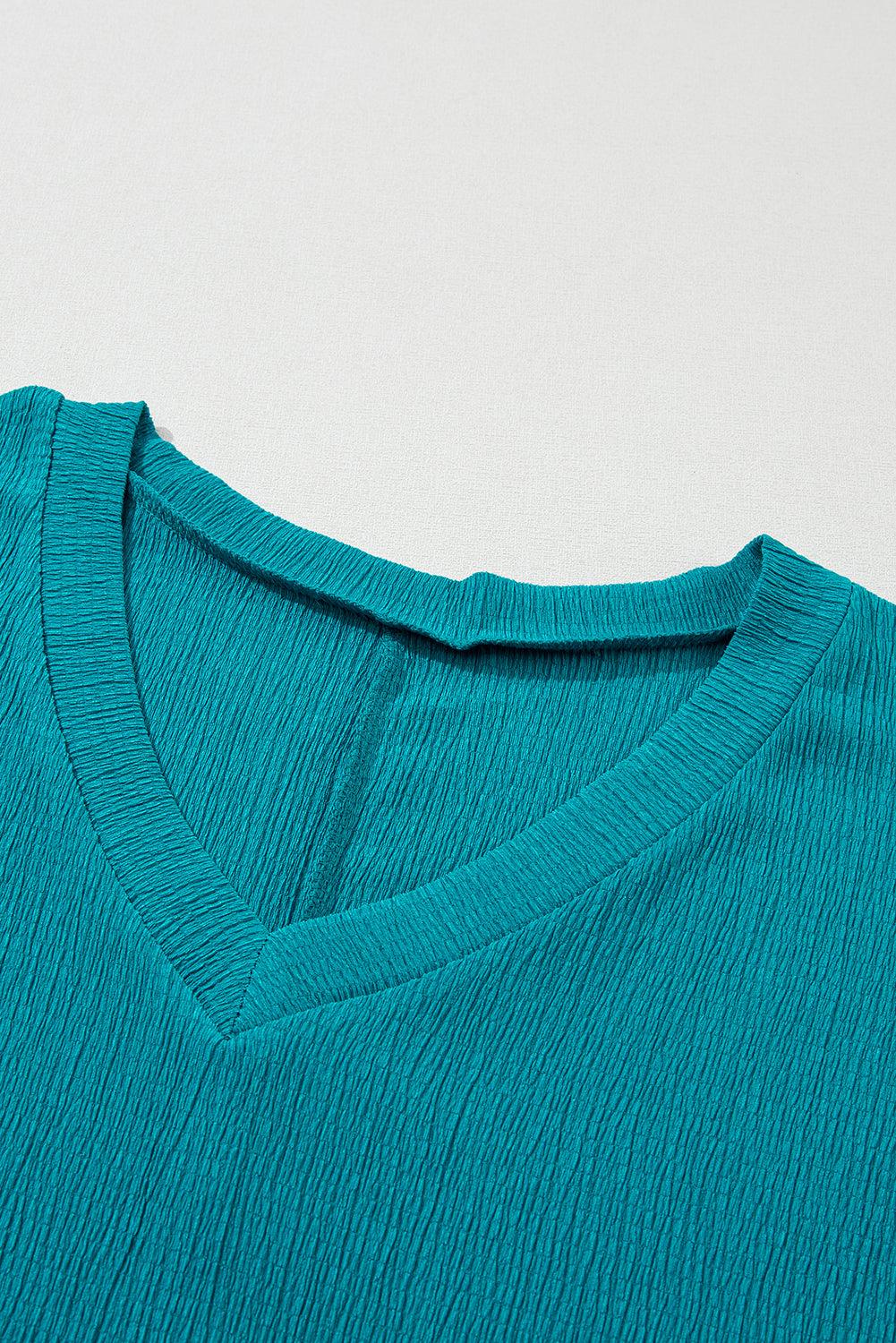 Blue Plain Crinkled V Neck Flounce Sleeve T Shirt - The Fair Lady Shop