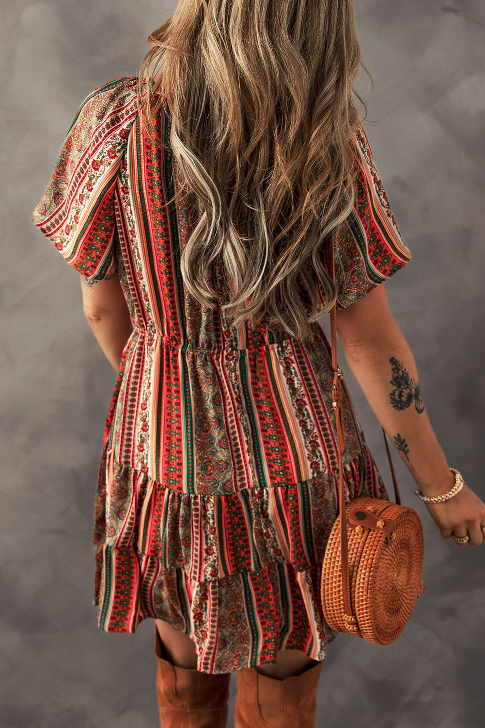 Red Bohemian Floral Print Buttoned V Neck Ruffle Tiered Dress - The Fair Lady Shop