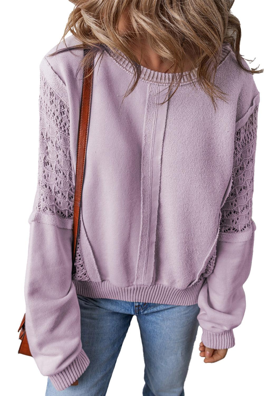 Orchid Petal Crochet Patchwork Exposed Seam Ribbed Trim Sweatshirt - The Fair Lady Shop