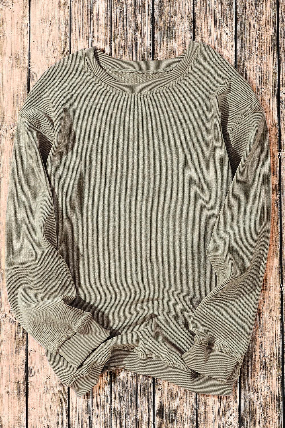 Khaki Solid Ribbed Round Neck Pullover Sweatshirt - The Fair Lady Shop