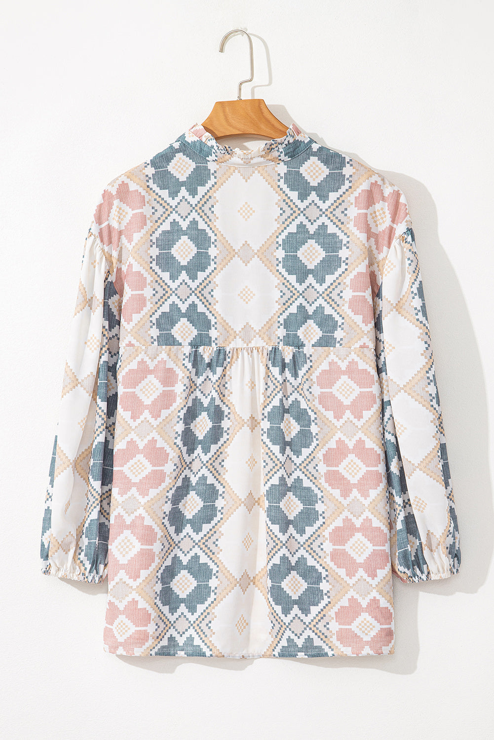 Khaki Geometric Print Tassel Tie Split Neck Balloon Sleeve Blouse - The Fair Lady Shop