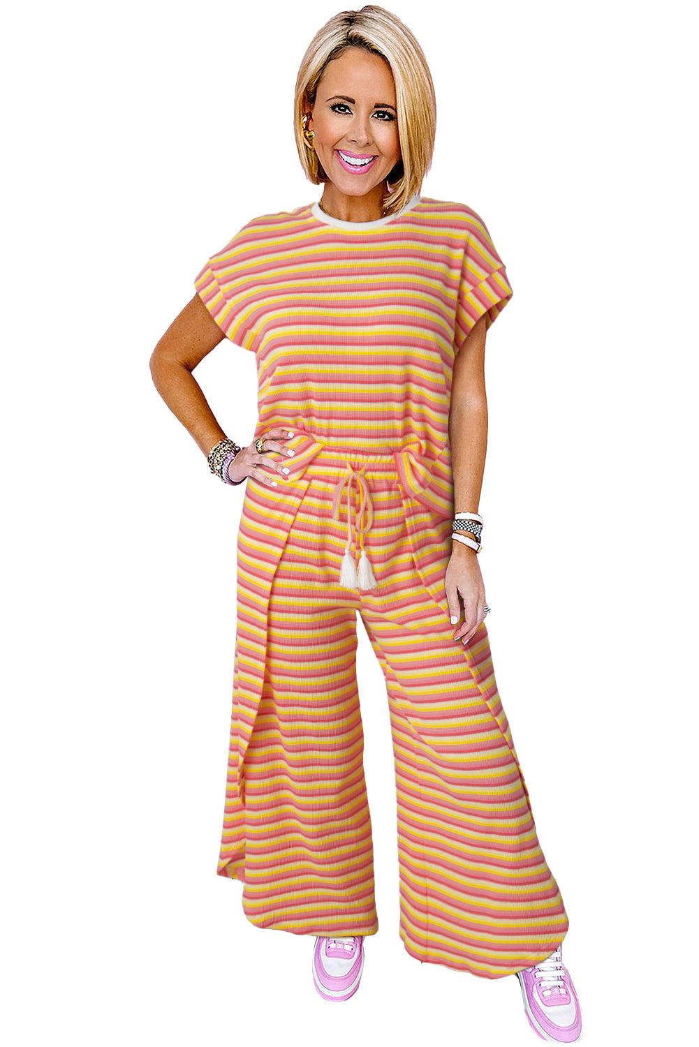 Yellow Stripe Rainbow Tee and Tassel Drawstring Wide Leg Pants Set - The Fair Lady Shop