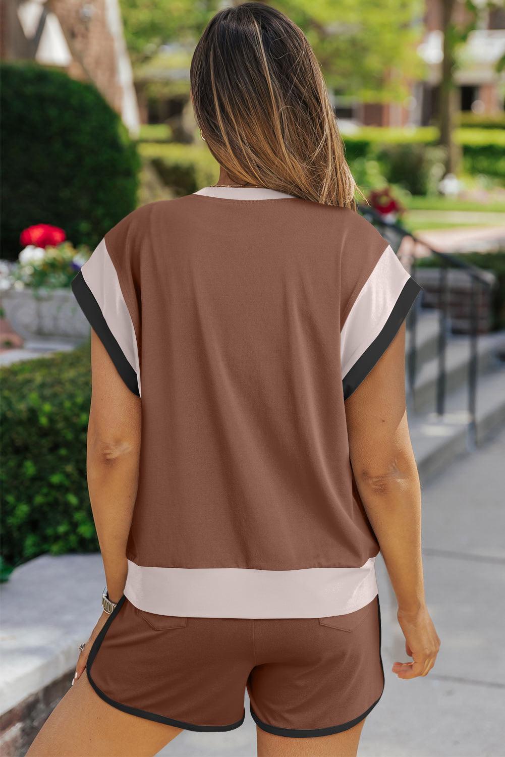 Peach Blossom Color Block Loose Fit Top & Elastic Waist Shorts Set - The Fair Lady Shop
