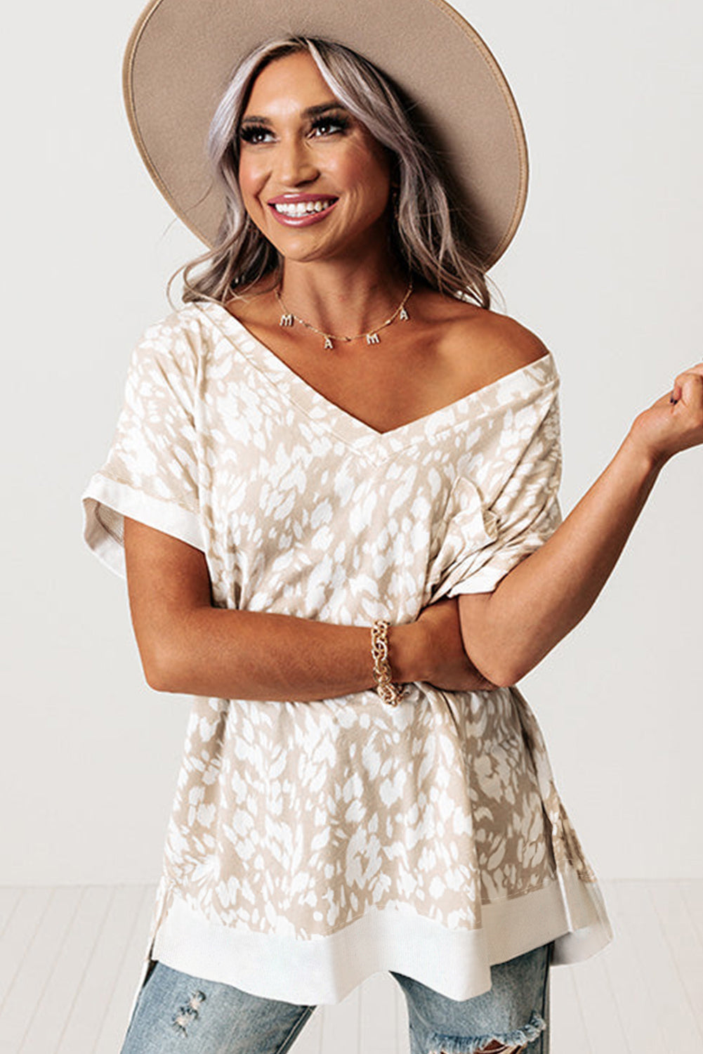 Khaki Leopard Print V Neck Side Slit Loose Fit T-Shirt - The Fair Lady Shop
