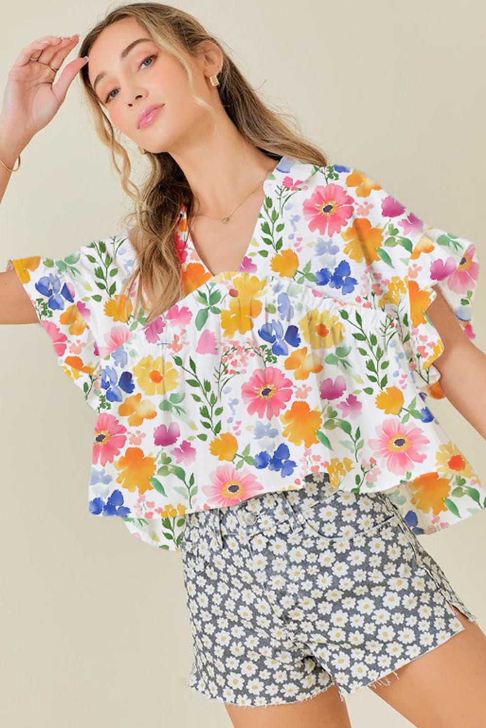 Yellow Allover Floral Print Boxy Fit V Neck Blouse - The Fair Lady Shop