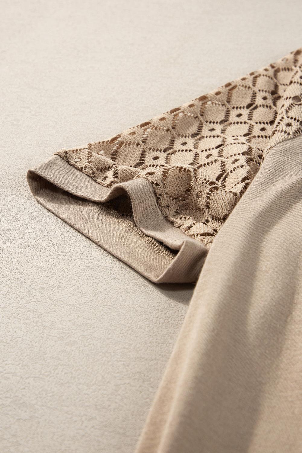 Pale Khaki Seamed Detail Contrast Lace Raglan Sleeve Tee - The Fair Lady Shop