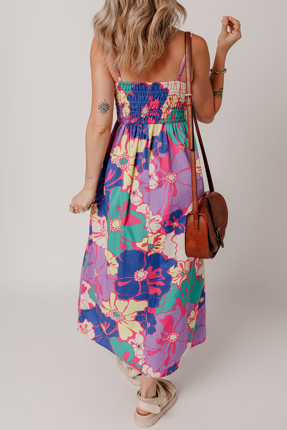 Purple Floral Print Shirred Spaghetti Strap Loose Maxi Dress - The Fair Lady Shop