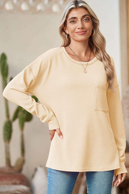 Apricot Pocketed Ribbed Long Sleeve Top - The Fair Lady Shop