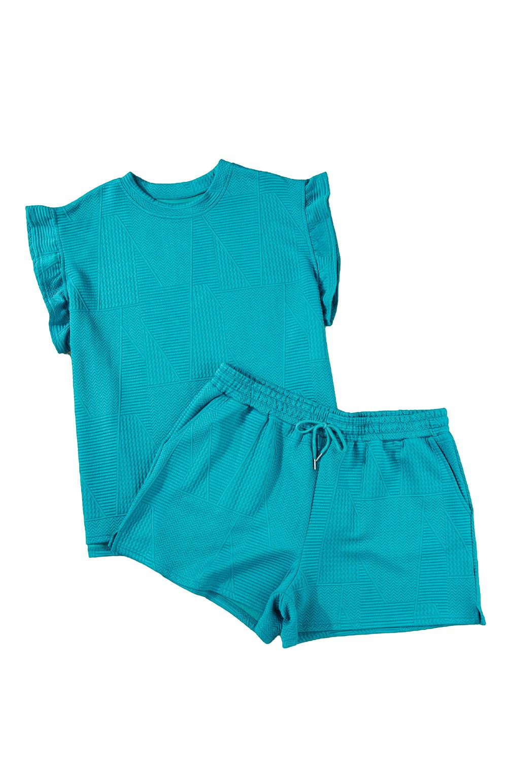 Dark Green Textured Ruffle Split Top and Drawstring Shorts Set - The Fair Lady Shop