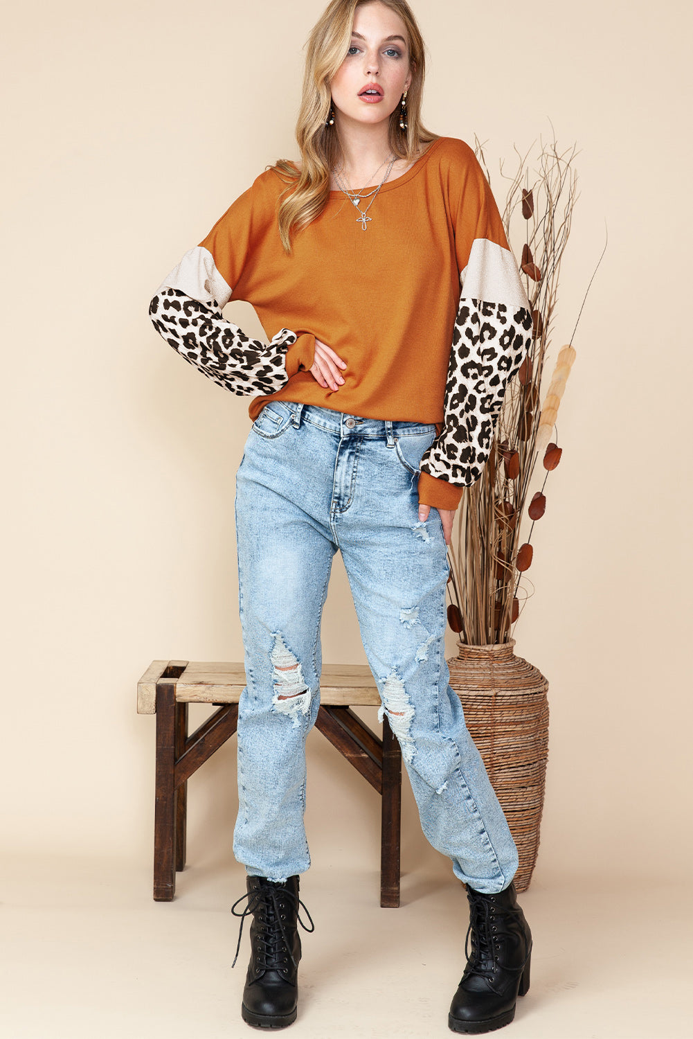 Brown Leopard and Glitter Patchwork Long Sleeve Top