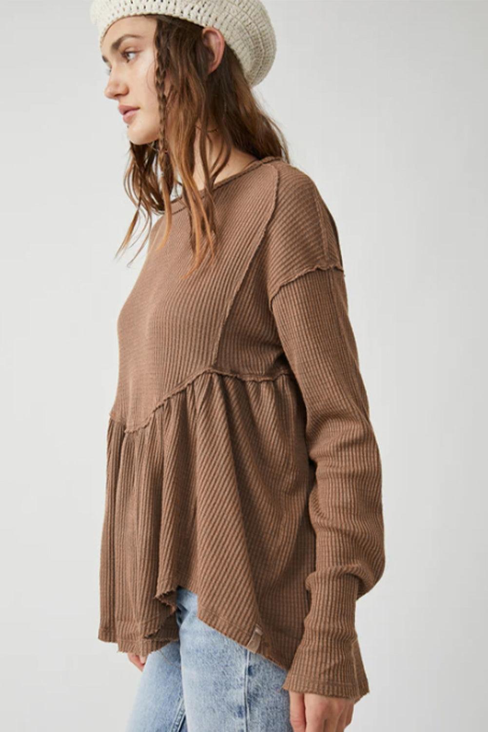 Brown Textured Exposed Seam Pullover Long Sleeve Top - The Fair Lady Shop