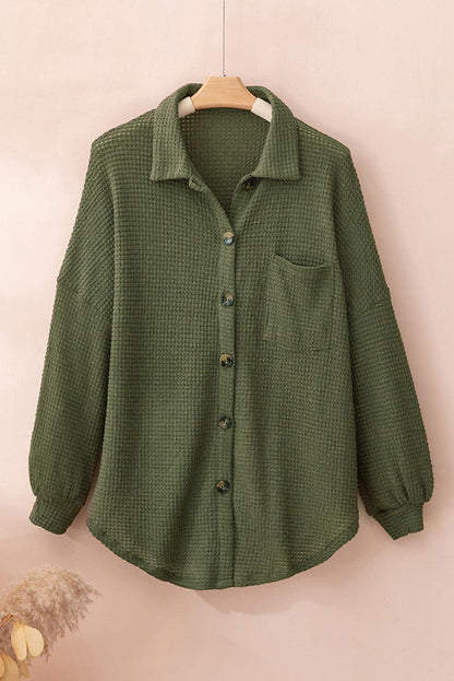 Khaki Waffle Knit Pocket Button Front Shacket - The Fair Lady Shop