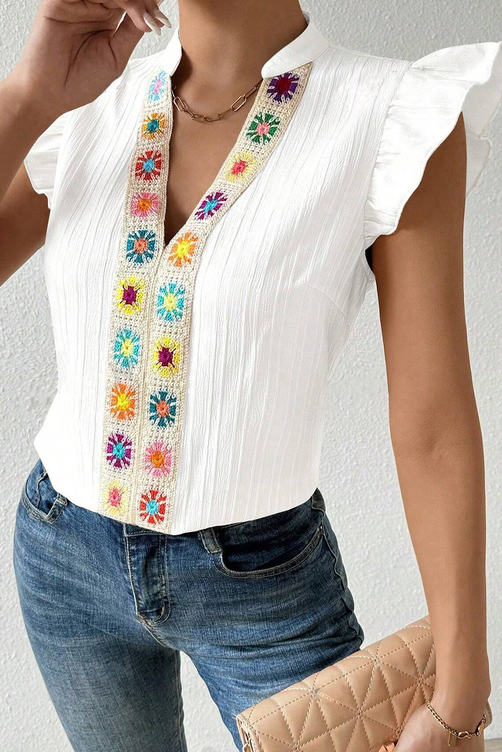 White Crochet Floral Notch V Neck Textured Blouse - The Fair Lady Shop