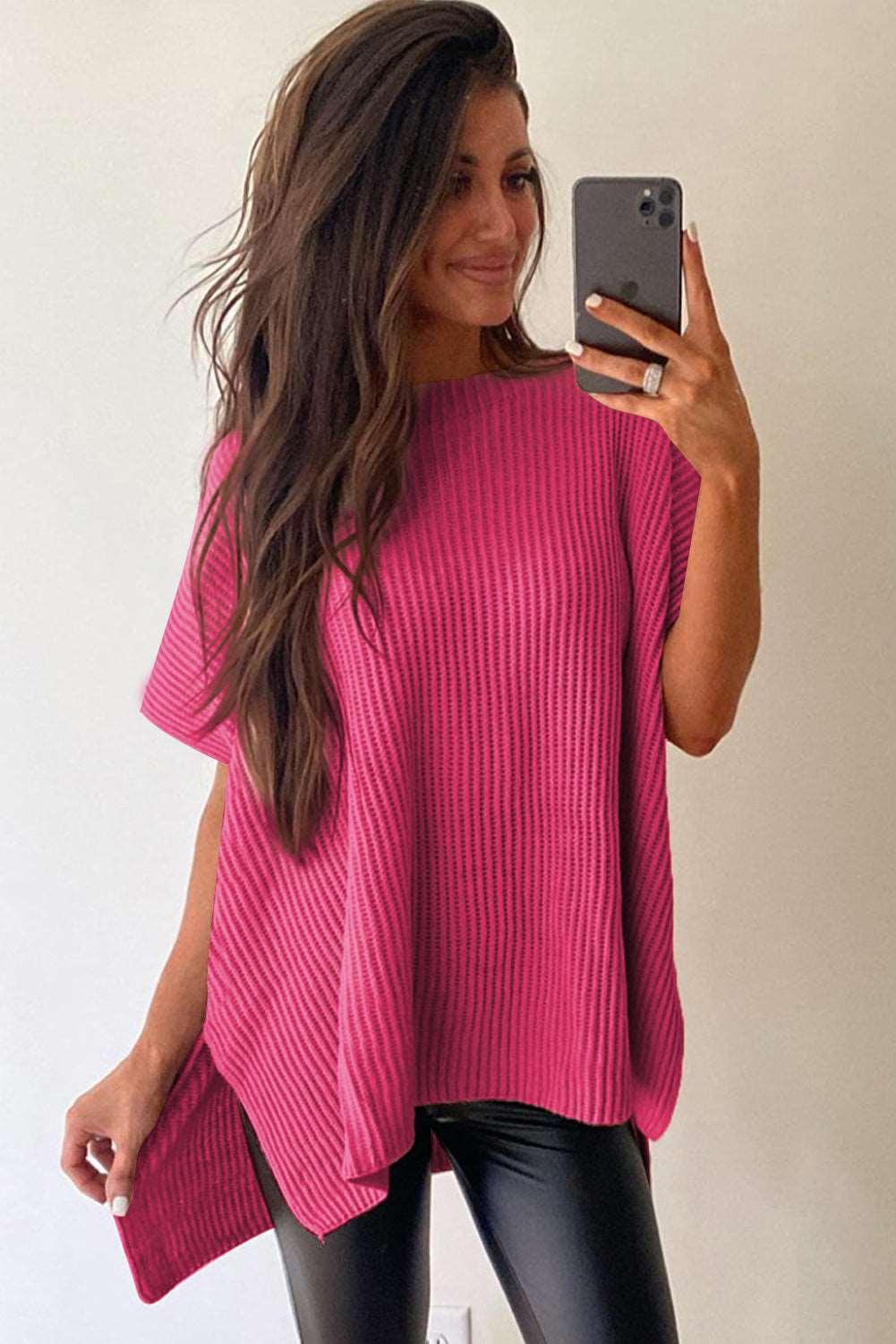 Apricot Side Slit Short Sleeve Oversized Sweater - The Fair Lady Shop