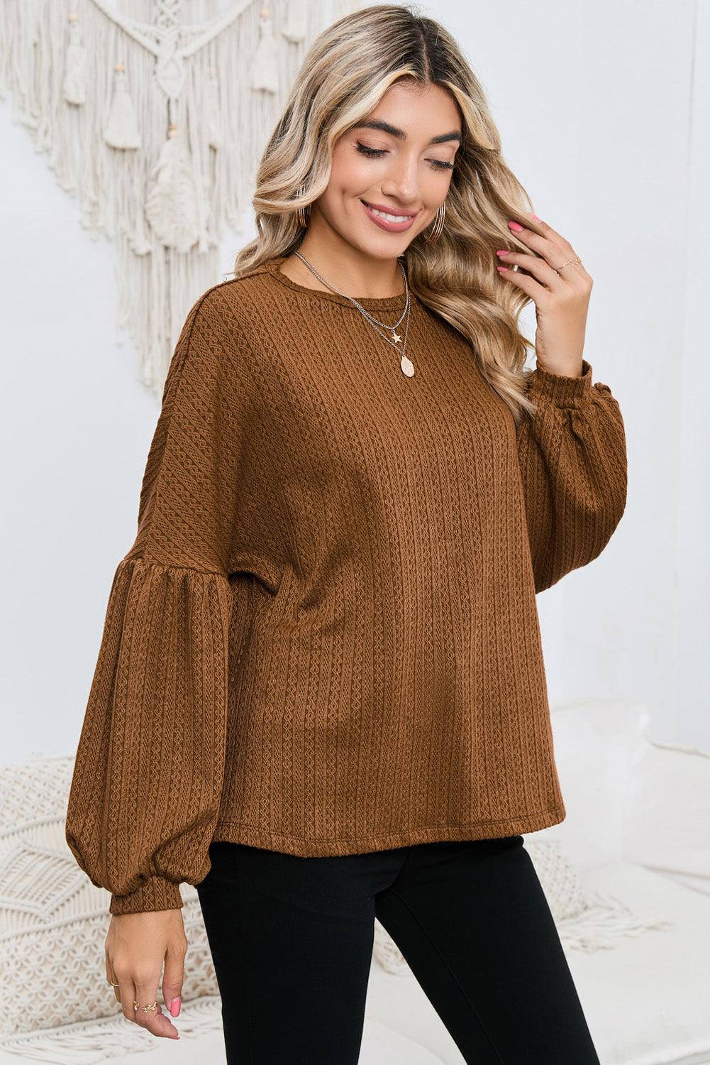 Ruby Solid Color Textured Lantern Sleeve Top - The Fair Lady Shop