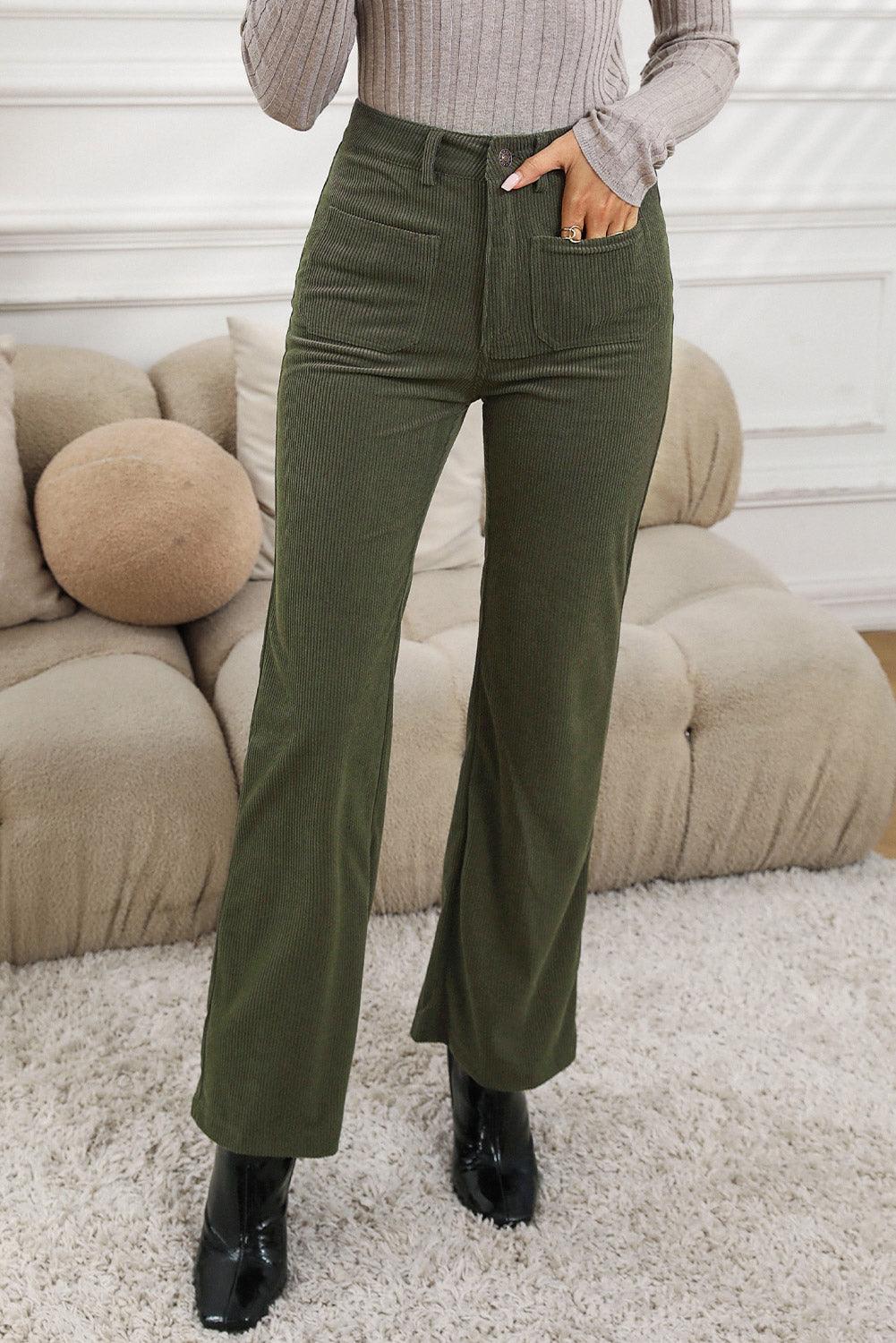 High Waist Pockets Corduroy Flare Leg Pants - The Fair Lady Shop