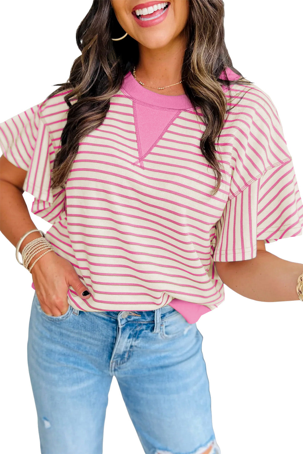 Sachet Pink Striped Ruffle Sleeve Round Neck Top - The Fair Lady Shop